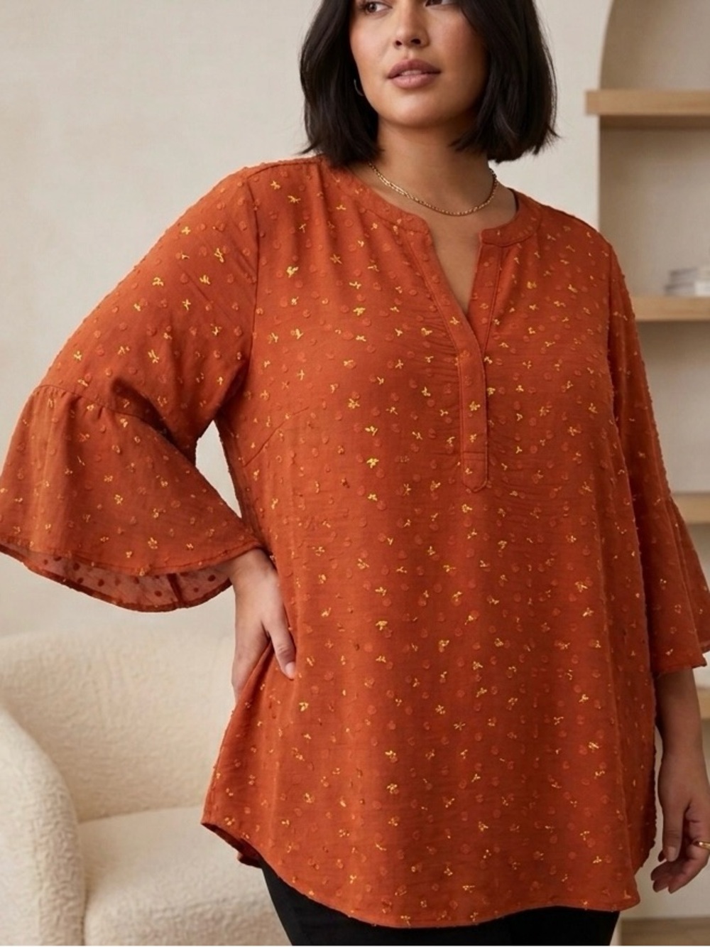 Orange Flutter-Sleeve Tunic Top with gold metallic accents.